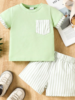 Light green cotton baby set with striped pocket tee and shorts