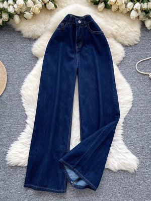 Dark wash denim maternity jeans with a high rise and wide leg cut.