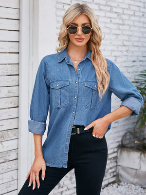 Oversized Dusty Blue denim utility shirt with button-down front and chest pockets.