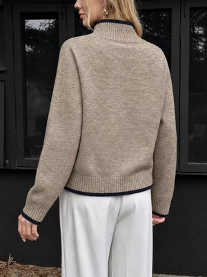 Cozy Mock Neck Sweater With Contrast Trim in Khaki, fabric detail