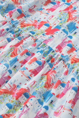 Watercolor village print peplum blouse with tiered ruffle detail in multicolor.