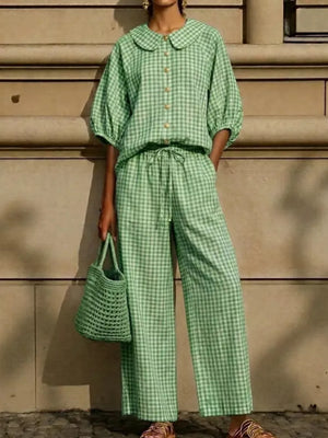 Full Size Plaid Button Up Shirt And Pants Set Plus Size, product detail