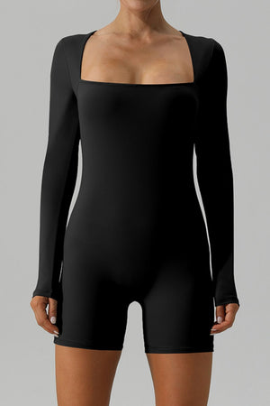 Black long sleeve unitard with square neckline and short legs