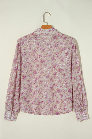 Sequin floral print blouse in dusty pink with button cuffs.