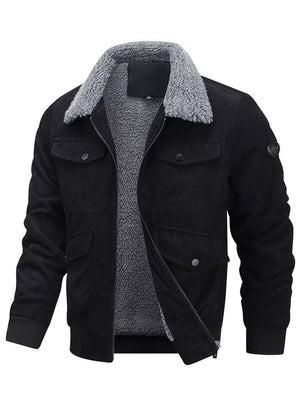 Black corduroy bomber jacket with sherpa lining and collar, button-down pockets.