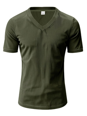 Military green ribbed V-neck t-shirt with short sleeves