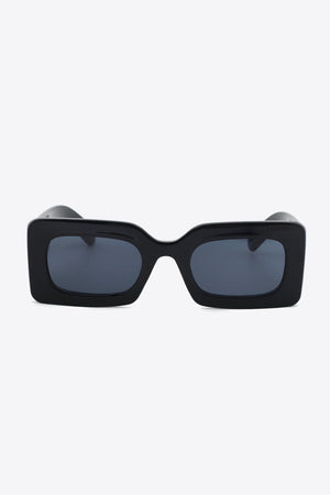 Black acetate rectangle sunglasses with dark lenses.