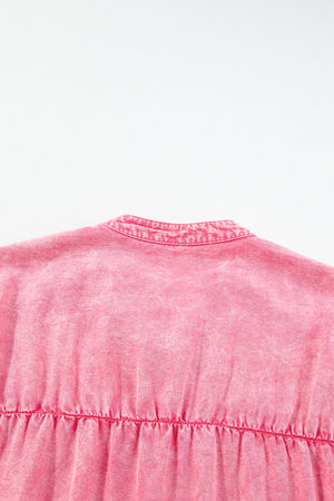 Acid wash ruffle shirt dress in dusty pink with a buttoned collar detail.