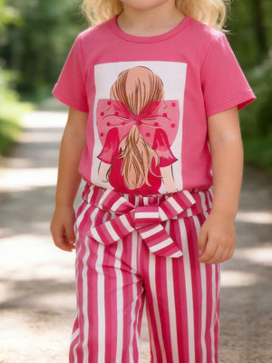 Pink graphic tee with bowknot print and striped pants with bow detail