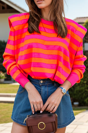 Bold Shoulder Stripe Knit Pullover in hot pink and orange, with padded shoulders and a crew neck.