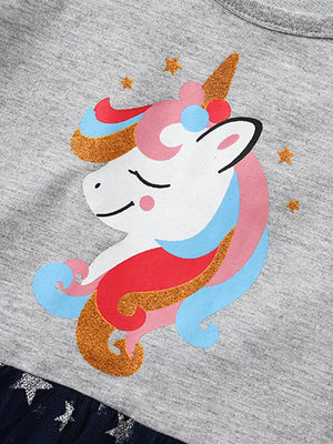 Grey cotton baby dress with a colorful glitter unicorn graphic and stars.