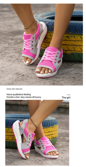 Sporty lace-up wedge sandals in pink and gray mesh with white soles.