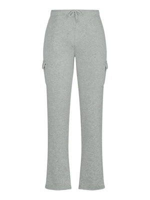 Gray fleece cargo joggers with drawstring waist and side pockets.