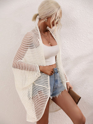 White open-weave kimono duster with batwing sleeves and a relaxed fit.