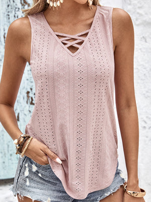 Dusty Pink eyelet tank top with crisscross neckline and textured pattern.
