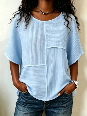 Full Size Texture Round Neck Half Sleeve Blouse, close-up detail