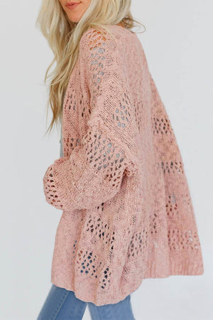 Dusty pink open-knit acrylic slouch cardigan with a relaxed fit and airy texture.