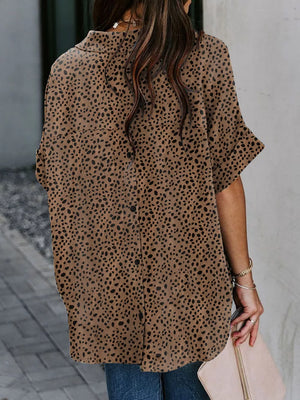 Dalmatian print collared half sleeve shirt in Brown Dot with decorative buttons.