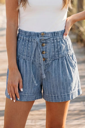 Striped High-waisted Denim Shorts, close-up detail
