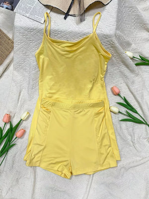 Yellow scoop neck cami and pocketed shorts set with elastic waistband