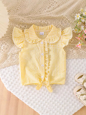 Children's Gingham Ruffle Collar Sleeveless Shirt in Yellow, side view