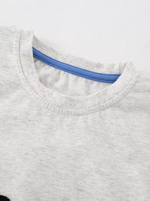 Toddler grey cotton t-shirt with blue neck trim and graphic detail.