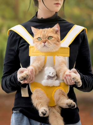 Yellow front-pack pet carrier with white trim, holding a ginger cat and a small teddy bear.