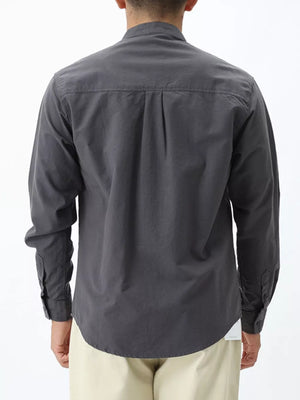 Dark Gray cotton casual long sleeve button-down shirt with back pleats and buttoned cuffs.