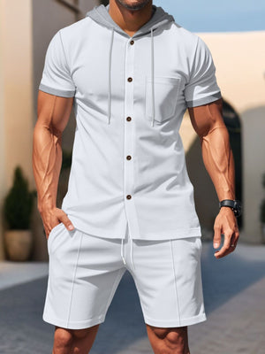 White hooded short sleeve button-down shirt with pocket and drawstring shorts set