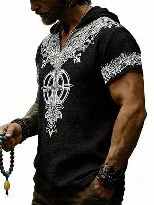 Men's Full Size Printed Hooded Short Sleeve Top in White, editorial view