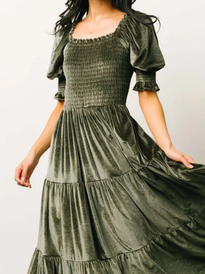 Velvet smocked midi dress in army green with ruffled square neck and puff sleeves.