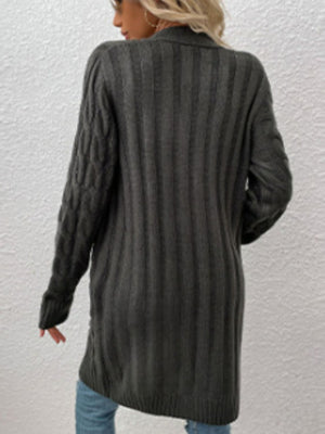 Dark Gray cable knit button-down cardigan with vertical ribbing and cable detail on sleeves.