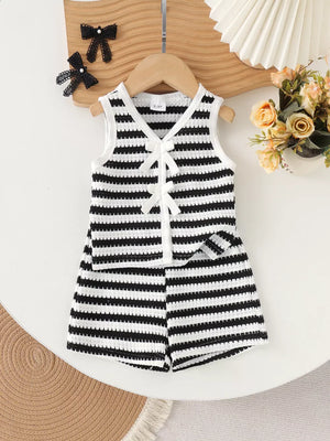 Children's Striped Knit Vest And Shorts Set in Black, front view