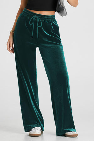 Dark green velvet palazzo lounge trousers with drawstring waist