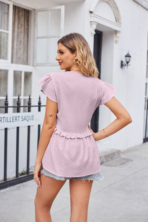 Lilac peplum blouse with flutter sleeves and subtle dot pattern, peplum hem detail