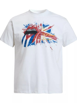White cotton t-shirt with Rolling Stones graphic and UK flag design