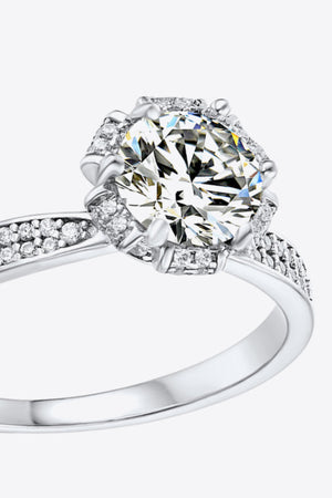 Silver moissanite halo ring with pave band