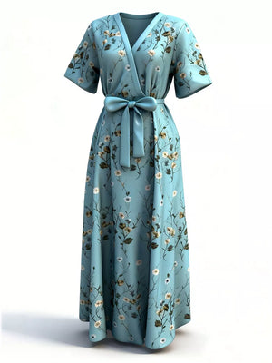 Floral print surplice maxi dress with belt in polyester