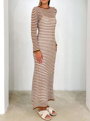 Caramel and white striped maxi sweater dress with long sleeves and a crew neck.