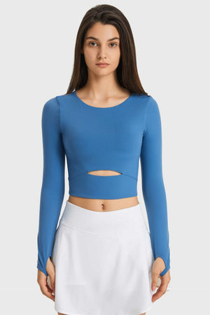 Blue crop top with keyhole cutout and thumbhole sleeves