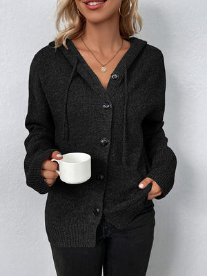 Dark gray knit hooded button-down cardigan with drawstring and button closure