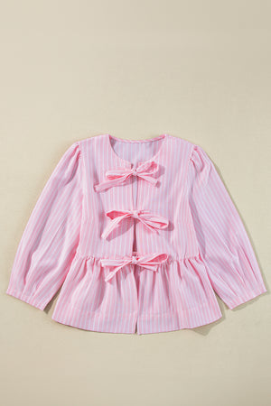 Blush pink striped peplum blouse with three bow details and long sleeves.