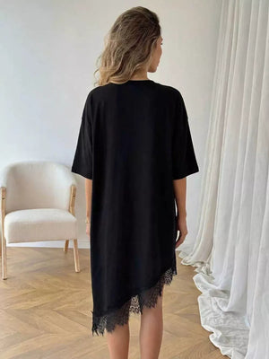 Black asymmetrical t-shirt dress with lace trim hem detail