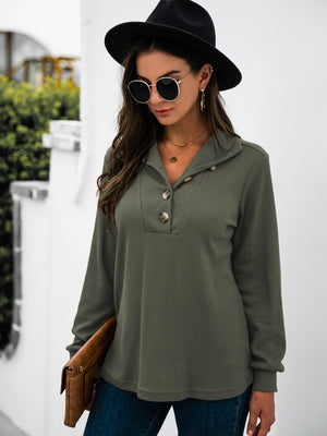 Army green waffle knit long sleeve tee with button collar detail