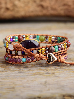 Wrapped amethyst and beaded bracelet with leather cord and heart charm