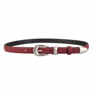 Red suede skinny belt with silver buckle and tip accents