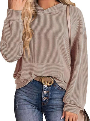 Light Coffee ribbed V-neck oversized hoodie sweatshirt with balloon sleeves.