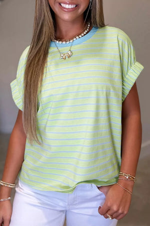 Green and blue striped cotton t-shirt with round neck and cuffed short sleeves.