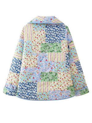 Floral quilted patchwork jacket with a collar and long sleeves.