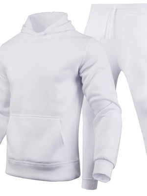 White fleece hoodie with front pocket and matching joggers with drawstring.